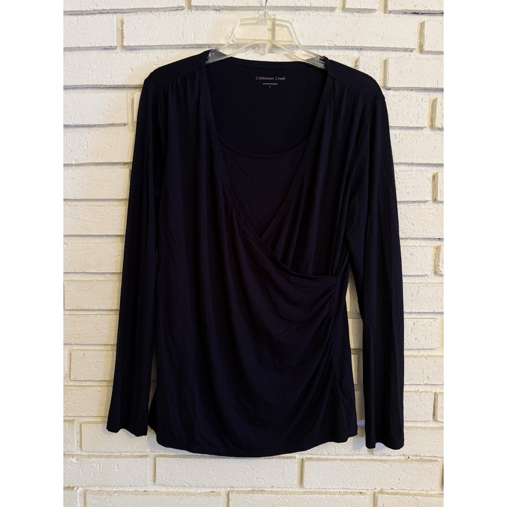 Coldwater Creek Black Faux Cross Front Top Long Sleeve Size Small
